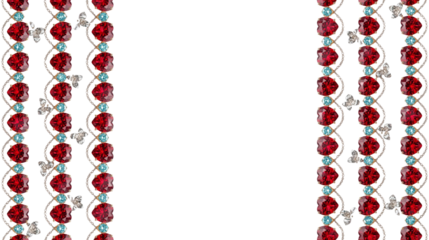 Elegant vertical strings of colorful red, blue, and pearl beads creating a luxurious and sparkling frame, ideal for a decorative jewelry or festive ornament background