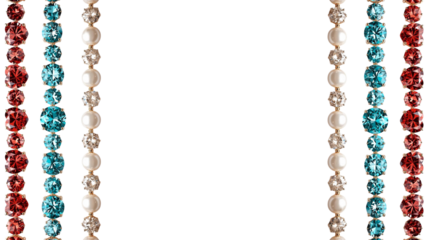 Vibrant strings of sparkling faceted beads and lustrous pearls forming an elegant vertical decorative border on a white background, ideal for luxurious and festive design elements