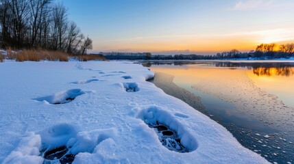 Naklejka premium Tranquil Winter Landscape with Snowy Footprints by Calm River Under Vibrant Orange and Blue Sunset Skies