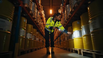 Woman walks in warehouse between barrel shelves with flashlight. Worker inspects warehouse storage aisle. Woman in safety vest walks through warehouse. Industrial worker with barrel storage. - Powered by Adobe