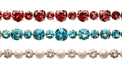 Decorative borders with sparkling red heart-shaped gemstones, brilliant blue jewels, and classic pearls with clear stones, isolated on a white background