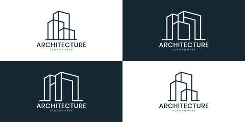Minimalist architecture logo design, line art of skyscrapers and urban buildings