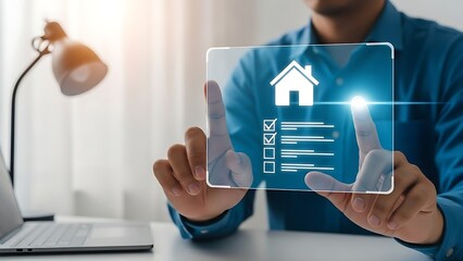 Person touching transparent screen with house icon and checklist digital