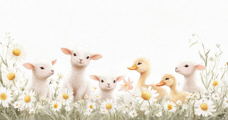 Whimsical watercolor scene of fluffy baby lambs and a small duckling resting among daisies and spring flowers on a white background, featuring a warm pastel palette and soft sunlit tones.