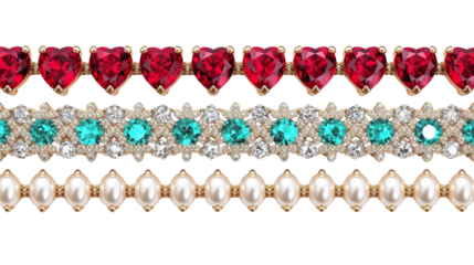 Elegant decorative border design with luxurious gold chains, lustrous pearls, and vibrant red and blue gemstones. A sophisticated ornamental frame on white, ideal for upscale design elements