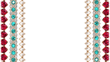 Exquisite decorative frame graphic showcasing vibrant red and blue gemstones, glistening white pearls, and delicate golden chains, perfect for elegant design concepts