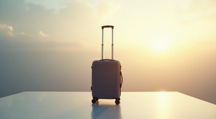 Fototapeta premium Suitcase sitting on a table with a sunset in the background