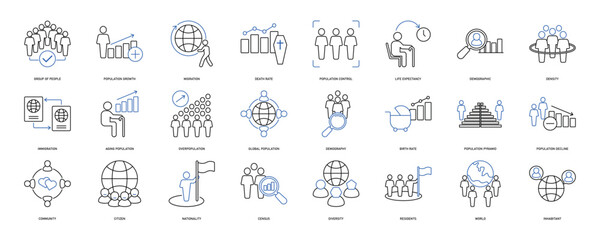 Population icon set. Containing demographic, citizen, group of people, birth rate, residents, census, diversity, community and more. Solid vector icons collection. EPS 10