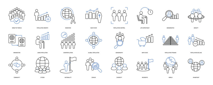 Population icon set. Containing demographic, citizen, group of people, birth rate, residents, census, diversity, community and more. Solid vector icons collection. EPS 10