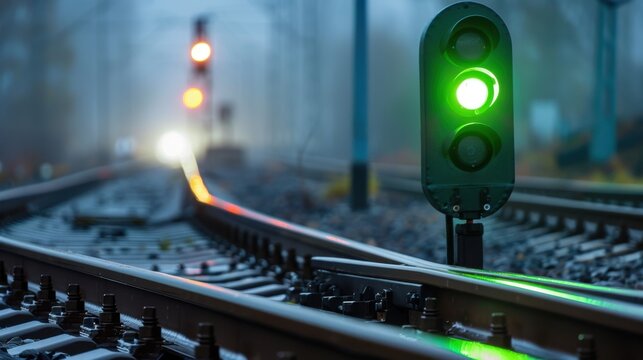 Bright green railway signal indicating safe passage on a foggy morning with illuminated tracks in the distance