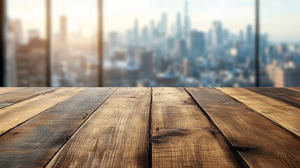Modern office tabletop mockup with wooden desk, bright natural light through large windows, blurred city view, perfect for product presentation and workspace concept.
