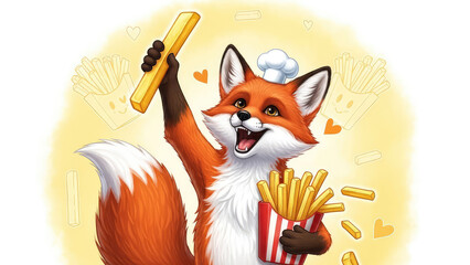 Happy Cartoon Fox Chef Holding French Fries and Smiling With Food Background_00x.png