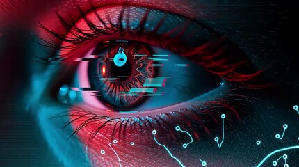 A futuristic close-up of a human eye with a cyberpunk interface and circuit lines, conveying innovation and digital vision. - Powered by Adobe