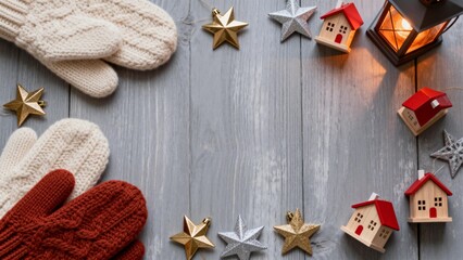 Christmas decorations and gloves on wooden surface