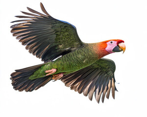 Fototapeta premium A wild red thick-billed parrot is in flight with its wings and long beak fully extended, isolated on a white background to highlight its vibrant plumage and graceful silhouette.