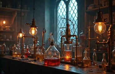 Old science lab setup with glowing lamps and glass tubes. Intricate brass equipment for brewing potions or conducting chemistry research. Wooden table holds flasks with red and yellow liquids.