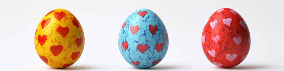 Three vibrant Easter eggs decorated with charming heart patterns are arranged on a clean white surface, offering a colorful and festive studio display for a modern holiday celebration.