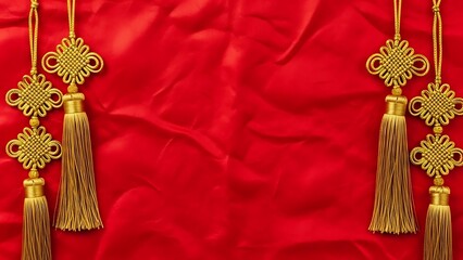 Decorative golden knots and tassels on vibrant red background for design