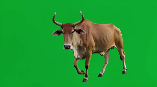 Large brown zebu cattle with prominent horns walks across a vibrant chroma key green screen background, showcasing its powerful stride and sturdy build