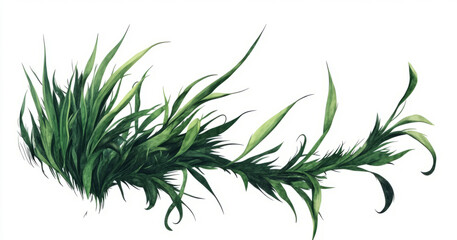 A vibrant and detailed illustration of lush green grass blades is set against a solid white background, offering a clean and versatile botanical element for various design applications.