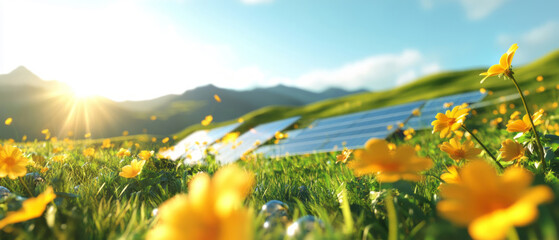 Modern solar panels are nestled in a meadow of yellow flowers and green hills under a bright blue sky, in a colorful graphic style that celebrates sustainable energy technology.