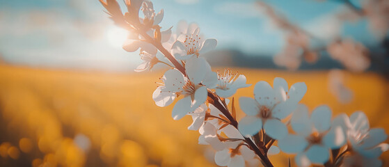 Delicate white blossoms on a spring branch are illuminated by golden sunlight, with a vast yellow rapeseed field and a soft cloudy blue sky stretching across the scenic background.