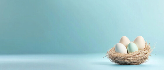 A rustic nest cradling colorful Easter eggs is set against a serene blue background, featuring a soft pastel palette and ample copy space on the right for festive holiday messaging.