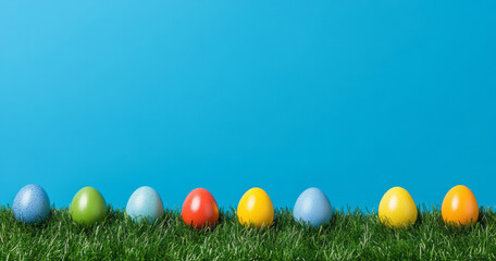 A cheerful row of brightly painted Easter eggs is perfectly lined up on a carpet of fresh green grass against a clear blue sky, offering a vibrant and symmetrical seasonal composition.