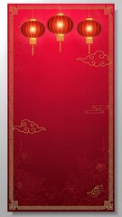 Elegant red background with hanging lanterns and decorative golden elements