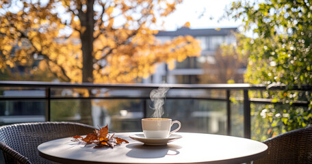 A steaming cup of coffee sits on an outdoor table overlooking autumn trees and a balcony, as warm sunlight bathes the serene scene to create a tranquil and cozy morning atmosphere.