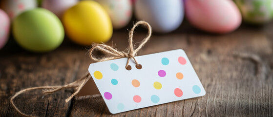 A white rectangular gift tag with a simple string lies on a wooden table, surrounded by colorful eggs in the background to create a charming and rustic Easter-themed greeting concept.