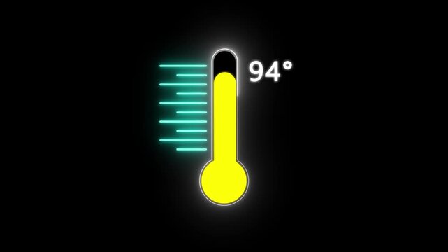 Neon Medical thermometer icon animation. Digital Temperature Meter Display 94&deg;C. Thats indicates weather temperature 94 degree increse or decline.
