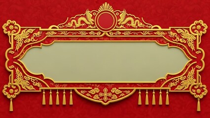 Decorative chinese frame with dragons and floral elements on red background
