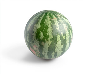 A fresh watermelon as a clean product shot isolated on a white background, featuring sharp focus on its striped green rind and a vibrant appearance with no distracting shadows.