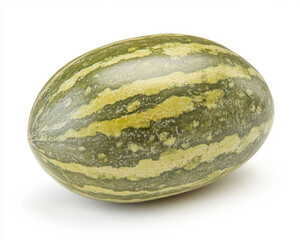 A whole green melon with unique patterned stripes of yellow and brown rests on a white background, showcasing its smooth oval shape and fresh organic texture in a clean studio setting.