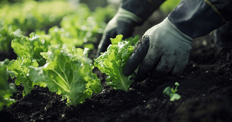 Gardeners wearing protective gloves carefully plant young green lettuce into rich dark soil, focusing on the rhythmic action of spring planting while the lush garden background is blurred.