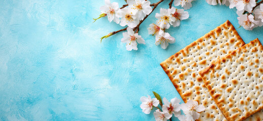 A festive flat lay features traditional matzah crackers paired with delicate pink cherry blossoms on a solid blue surface, symbolizing the spirit of spring with space for holiday greetings.