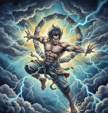 Raijin Japanese Thunder God Illustration with Lightning and Storm Clouds in Anime Style