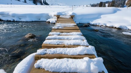 Fototapeta premium Snowy Footbridge Over Crystal Clear Stream in Winter Wonderland Landscape with Scenic Mountain View