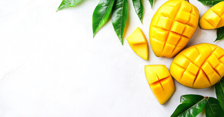 Fresh mango slices are skillfully cut into perfect cubes and presented on a crisp white background, highlighting the vibrant orange color and juicy texture of the delicious tropical fruit.
