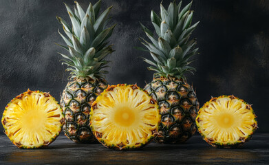 A whole pineapple stands beside fresh golden slices on a neutral surface, showcasing the tropical fruit's unique spiked texture and succulent yellow core under bright and natural lighting.