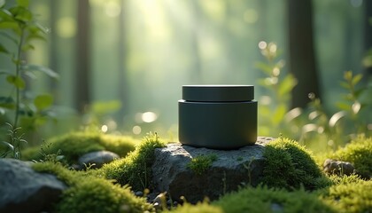 A dark jar sits on a mossy rock in a sunlit forest. Soft green plants and bokeh lights surround the cosmetic container. Natural product placement emphasizes organic ingredients and peaceful nature.