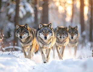 Fototapeta premium A pack of wolves strides forward in a snowy, sunlit forest