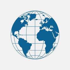 Obraz premium global, world, map, globe, earth, geography, planet, international, worldwide, atlas, navigation, cartography, continents, oceans, latitude, longitude, grid, sphere, terrestrial, blue, vector, icon, s