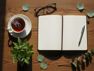Overhead view of a steaming cup of tea next to an open blank notebook with a pen, eyeglasses, and fresh green leaves on a warm wooden desk.