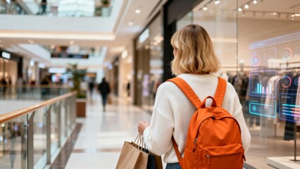 Woman with backpack in shopping mall