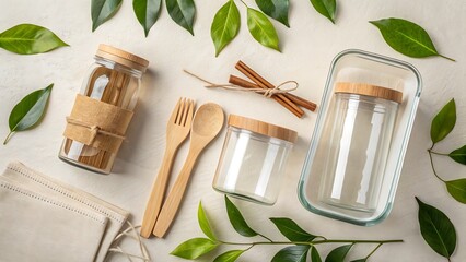 Sustainable and zero waste reusable products including glass jars wooden utensils and green leaves