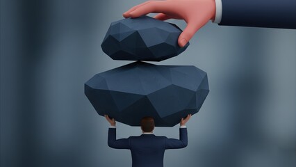 A small businessman lifting heavy blocks as pressure increases from above showing responsibility burden stress management