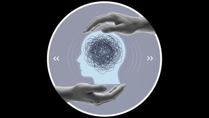 A caring hands holding a cluttered mind symbol showing mental overload support concept stress management