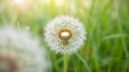 Fototapeta premium Dandelion flower in a field of green grass with white seed heads blowing in the wind